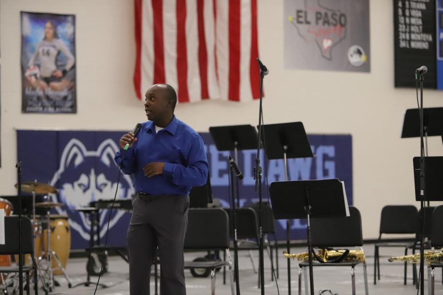 Volunteer Band Director Michael Jones gives an opening speech to those who do not know him and why he is there. Chapin Gym, May 16, 2022. (1/2)