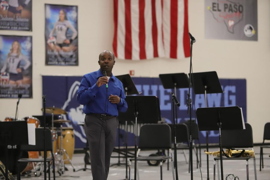 Volunteer Band Director Michael Jones gives an opening speech to those who do not know him and why he is there. Chapin Gym, May 16, 2022. (2/2)