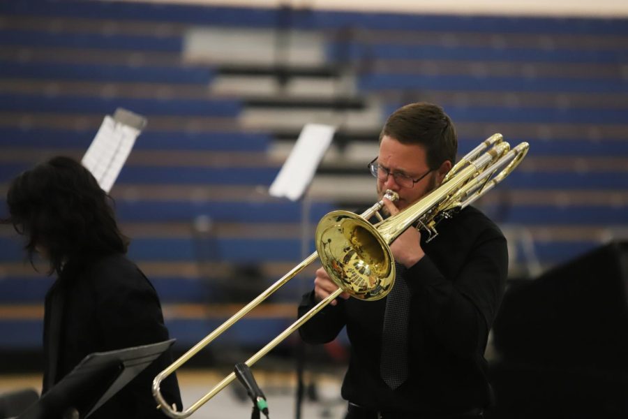 Senior Josh Richardson performing a solo during the jazz band segment before his graduation and the end to his high school band career. Chapin Gym, May 16, 2022.