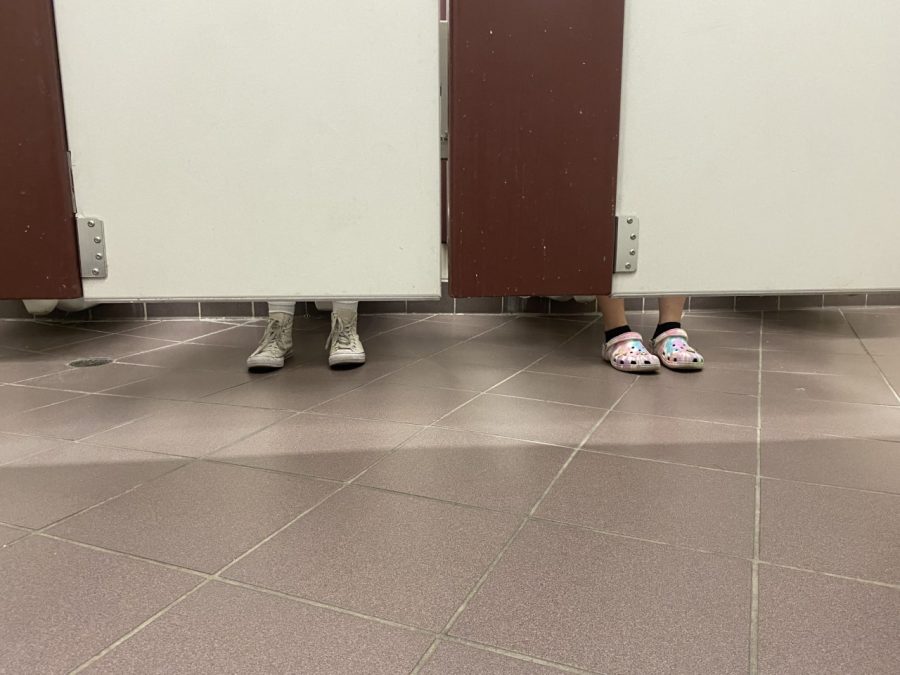 Stalls in the girls bathroom filled during transition periods.