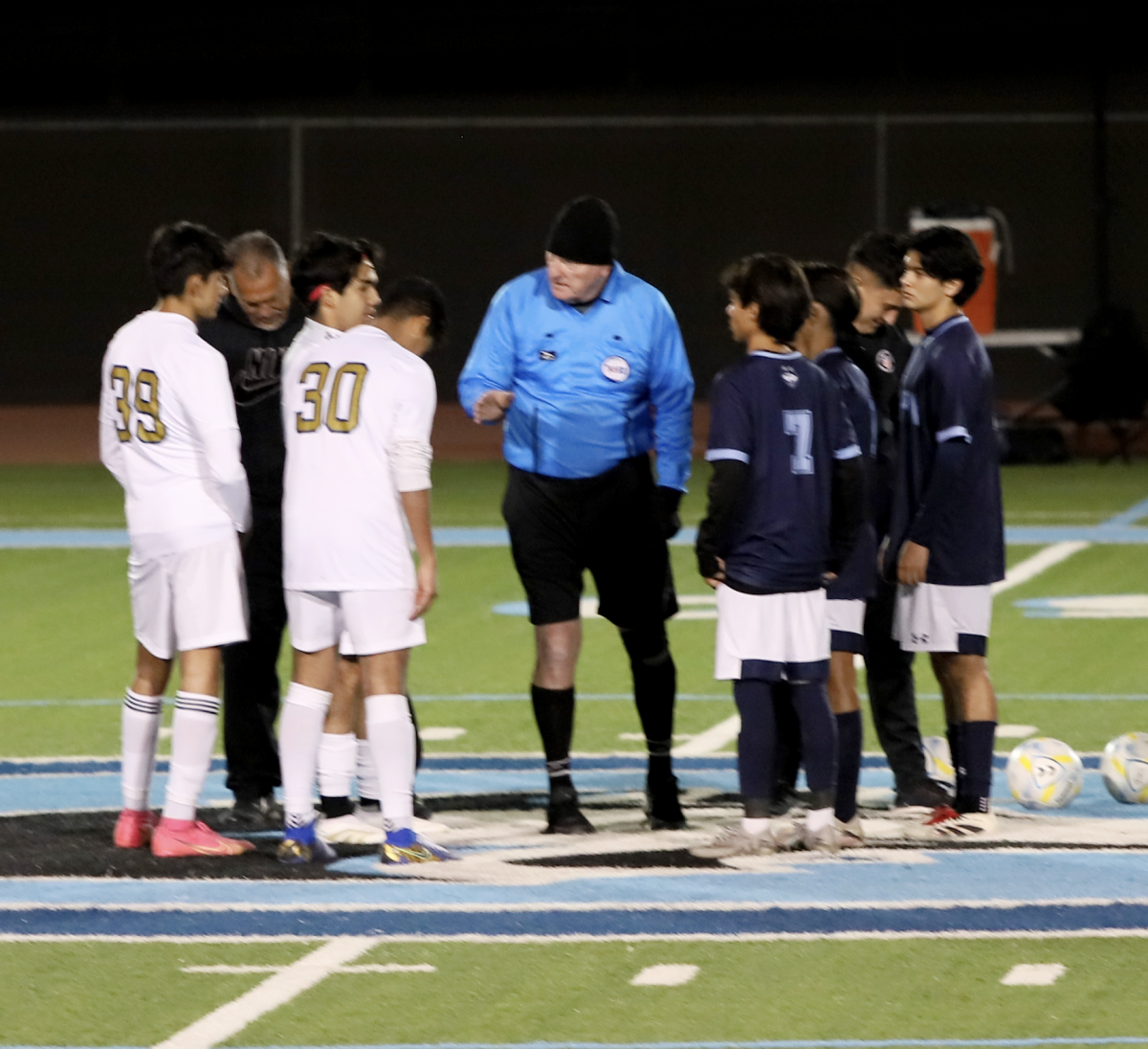 Lets Start.
The captains of both teams go to half to meet the ref. They flip a coin to see who gets ball first and who picks field.