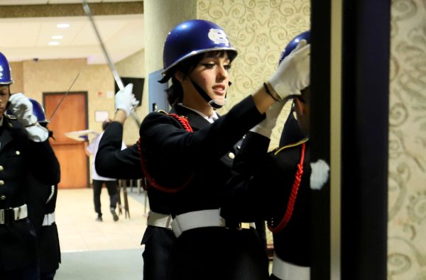 The sword cordons were setting up to hold the swords for senior JROTC students, as a way to farewell and wish them luck in their future. 
