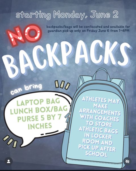 Instagram post informing students that there will be no backpacks or bags allowed. It provided alternatives on what students can bring.