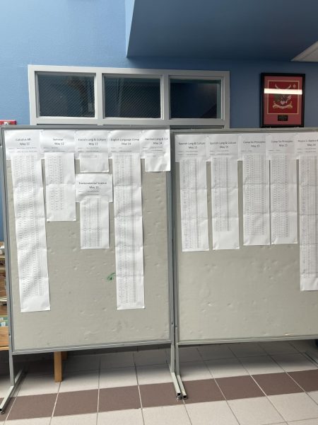 IT'S TIME! A board at the entrance of the school lists AP exam testing room and dates. 