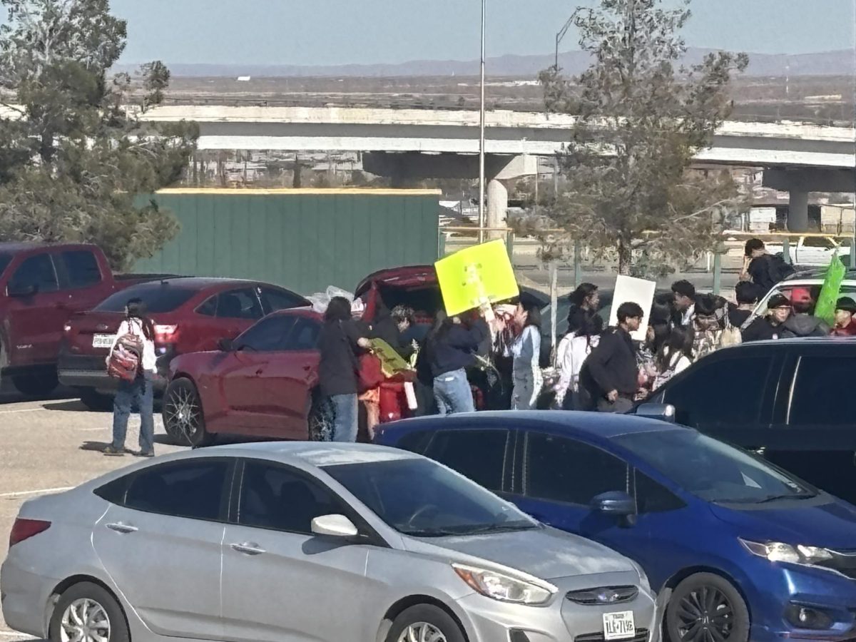 Students gather in a parking lot to meet up and pass out signs before starting a walkout protest against ICE. Some students hold bright signs while others talk and get ready to walk together.